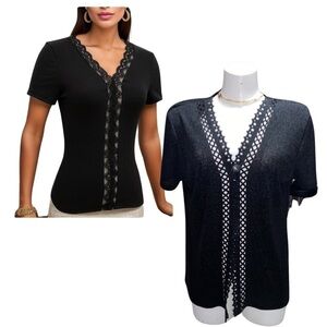 Elegant Stretchy Laser cut Short Sleeve Solid V Neck cardigan Sz L vintage